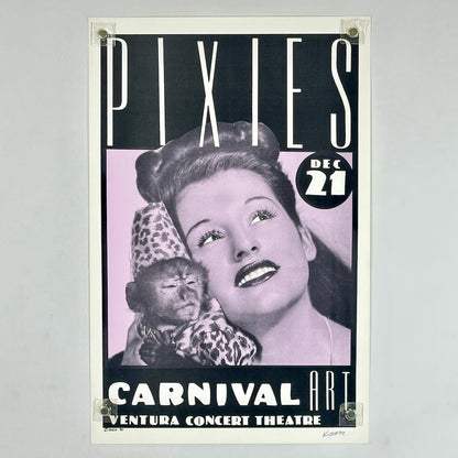 Vintage-style concert poster for Pixies with a woman and monkey, on a gray background.