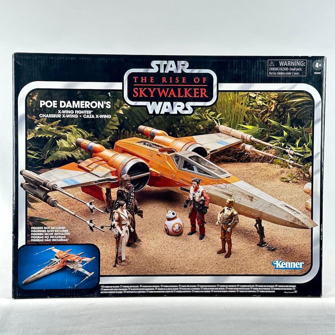 Star Wars toy spaceship box featuring image of ship and staged figures, photographed against white background.