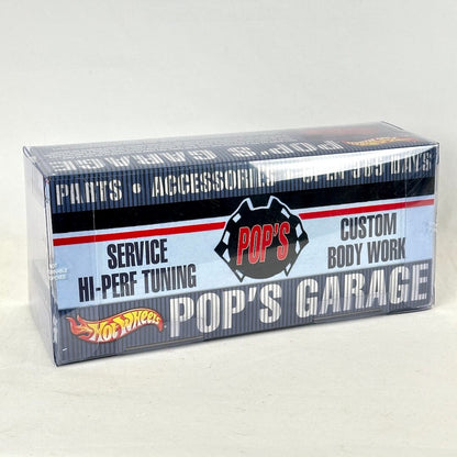 A boxed set of Hot Wheels cars, featuring a blue, white, and red design with 'Pop's Garage' and the Hot Wheels logo.