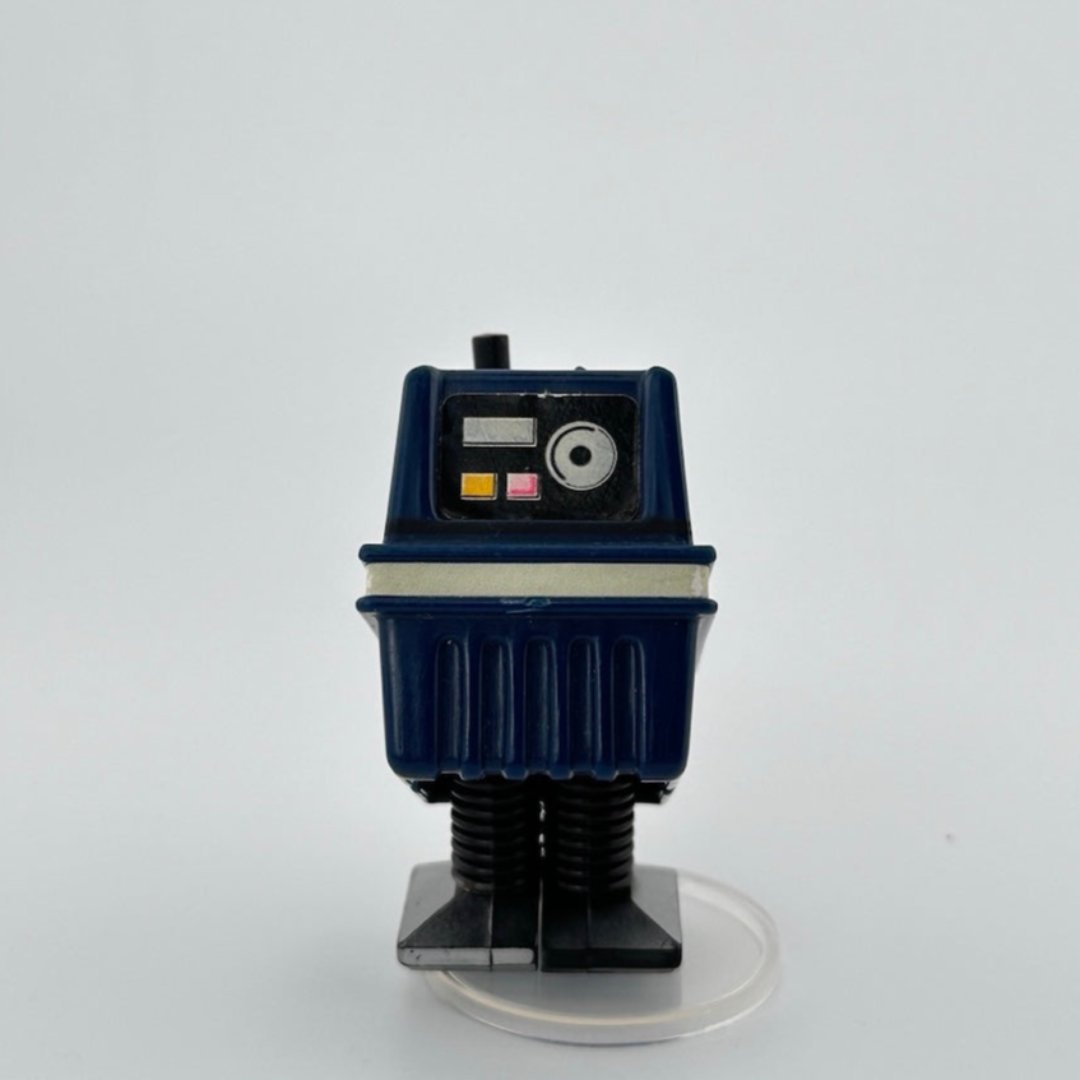 Image of blue box-shaped droid with white stripe around middle, 3 multi-colored buttons on face, black flat feet.