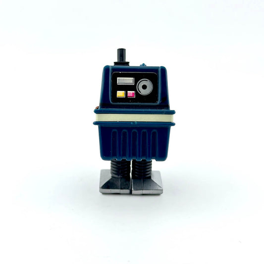 Small robot toy with a blue body and black face on a white background