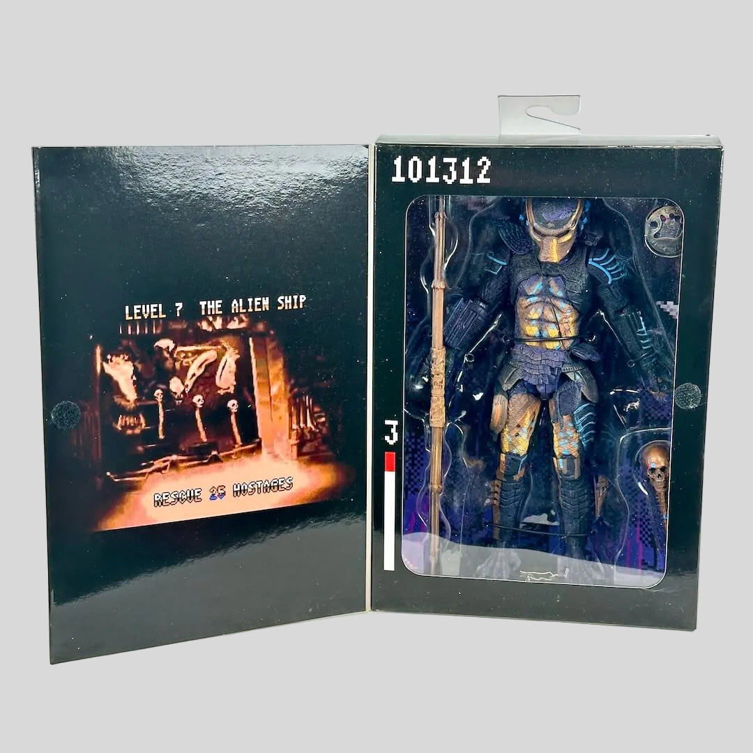 NECA action figure in its original window box packaging, displayed open to show figure and art on inside cover. 