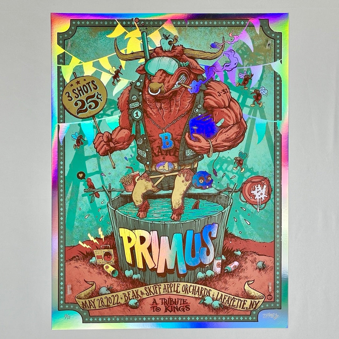 Rainbow foil poster with humanized bull above water dunk tank holding sign with shot price as if at a Fair.