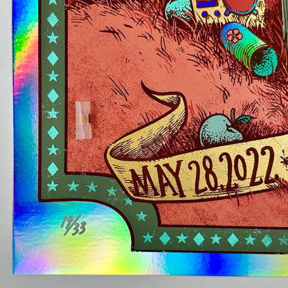 Bottom left corner of poster with crips corner, no edge wear, showing teal border details, & silver marker poster number.