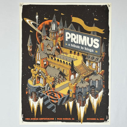 Poster has black background, with gothic castle propelled in space by jets & a ringed planet in background. 