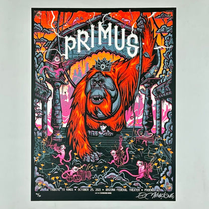 Colorful 'Primus' poster with a orangutan and other characters on a gray background