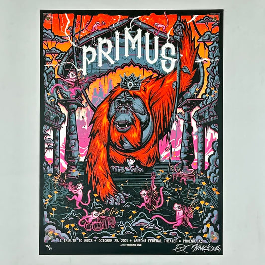 Colorful 'Primus' poster with a orangutan and other characters on a gray background