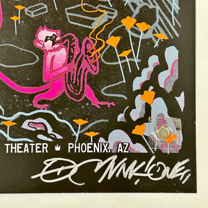 Bottom right corner of poster featuring artist signature in silver marker, in mint condition. 