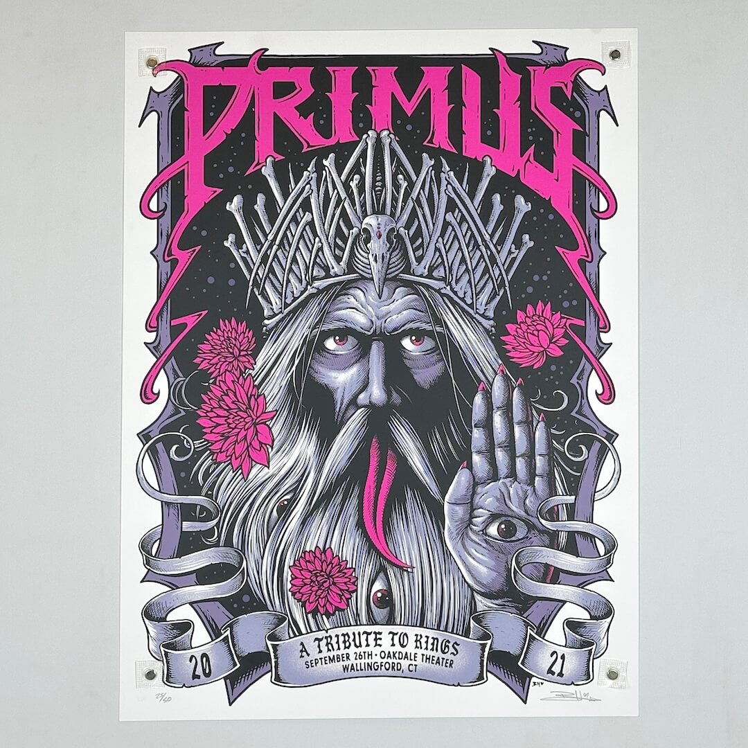 Poster of Primus with a stylized illustration of a figure and floral elements on a gray background.