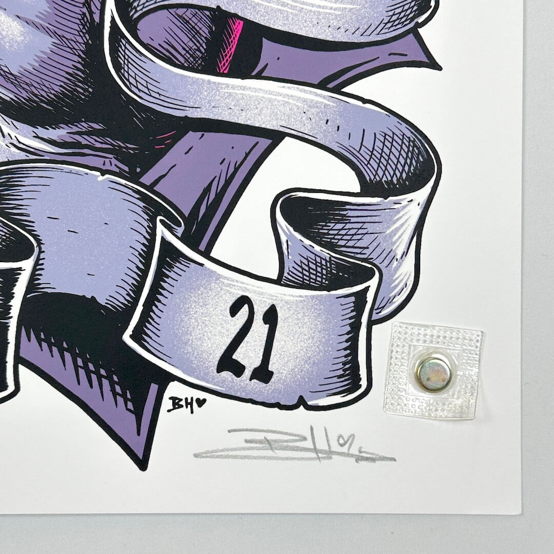 Bottom right corner featuring artist signature in pencil. 