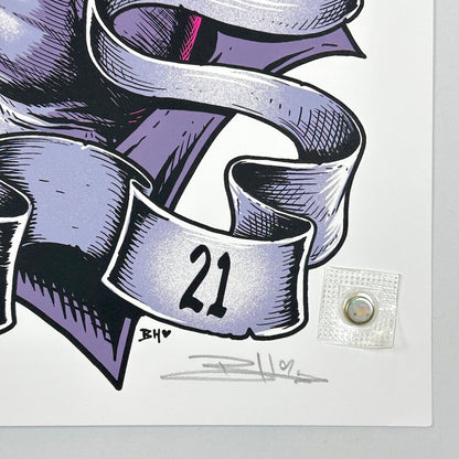 Bottom right corner featuring artist signature in pencil. 