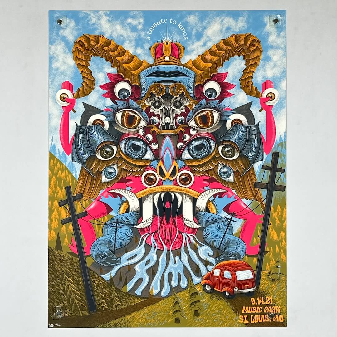 Colorful artwork of a mythical creature with a truck and text on a light gray background