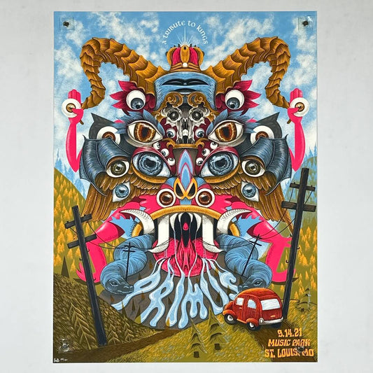 Colorful artwork of a mythical creature with a truck and text on a light gray background