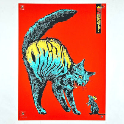 Colorful illustration of a cat and mouse on a red background