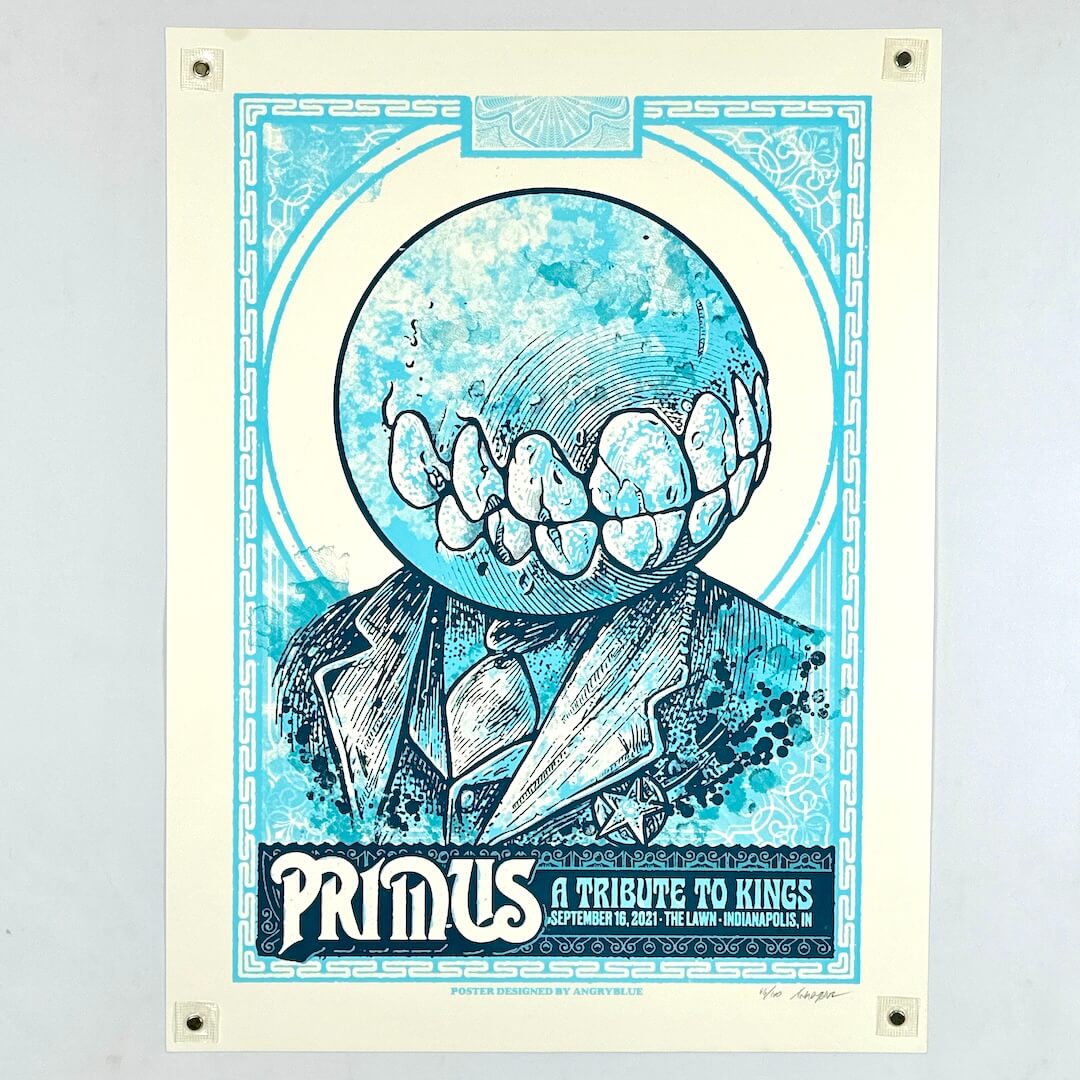 Poster with a stylized illustration of a person with a helmet and 'Primus' branding on a light gray background.