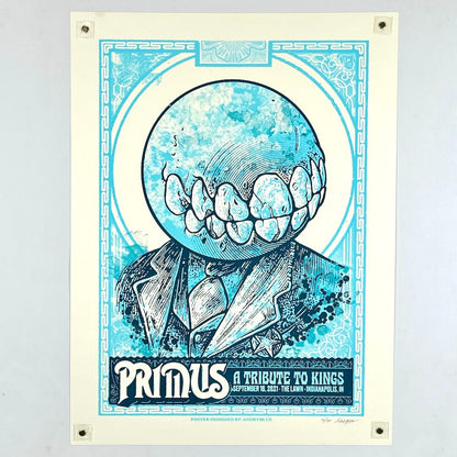 Poster with a stylized illustration of a person with a helmet and 'Primus' branding on a light gray background.