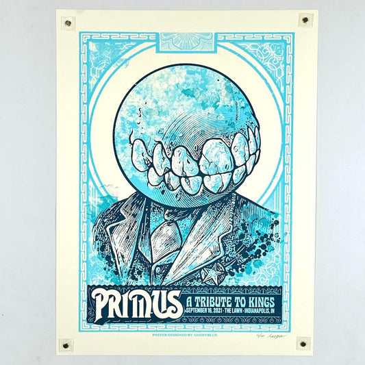 Poster with a stylized illustration of a person with a helmet and 'Primus' branding on a light gray background.