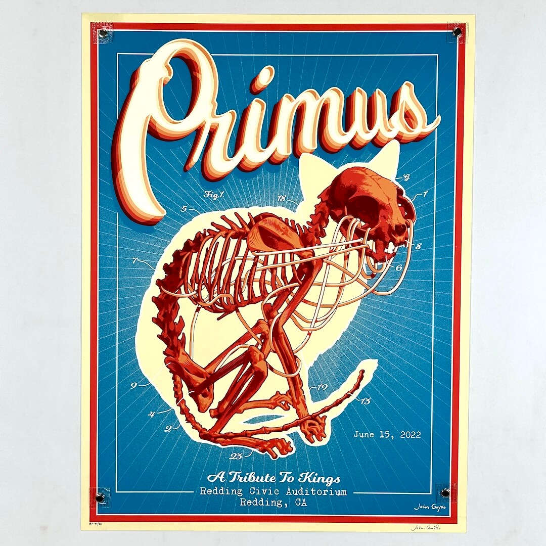 Poster of a cat skeleton with 'Primus' branding on a blue background