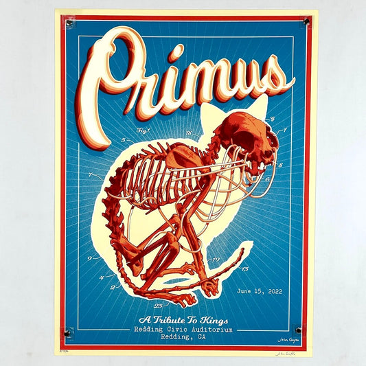 Poster of a cat skeleton with 'Primus' branding on a blue background