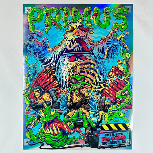 Colorful concert poster for Primus with Ghostbusters characters and event details on rainbow foil poster. 