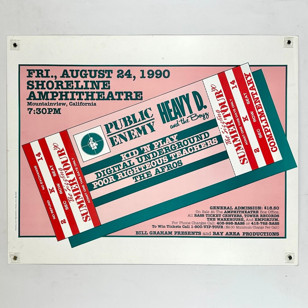Poster for a concert at Shoreline Amphitheatre featuring Public Enemy, Heavy D & the Boyz, and other artists on August 24, 1990.