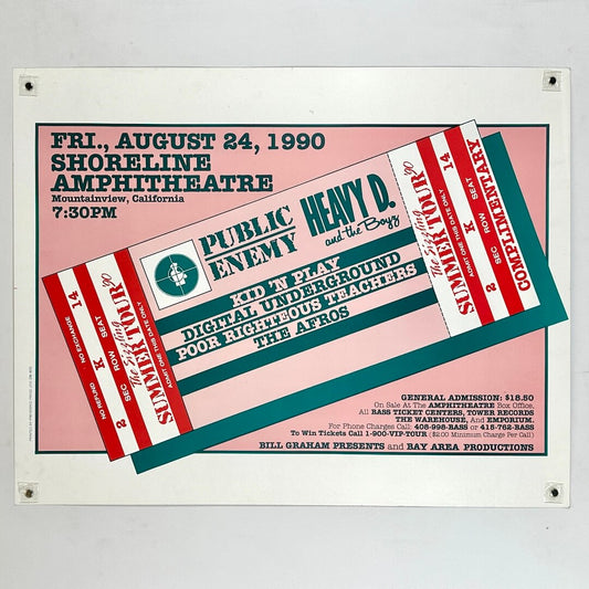 Poster for a concert at Shoreline Amphitheatre featuring Public Enemy, Heavy D & the Boyz, and other artists on August 24, 1990.