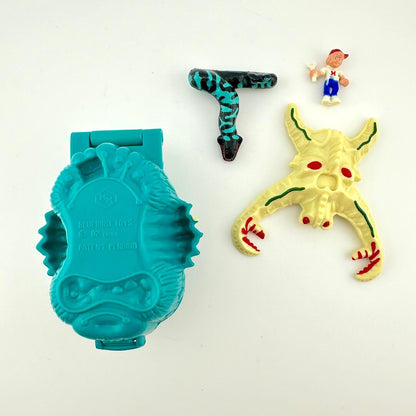 Collection of colorful toy figures on a white background. 