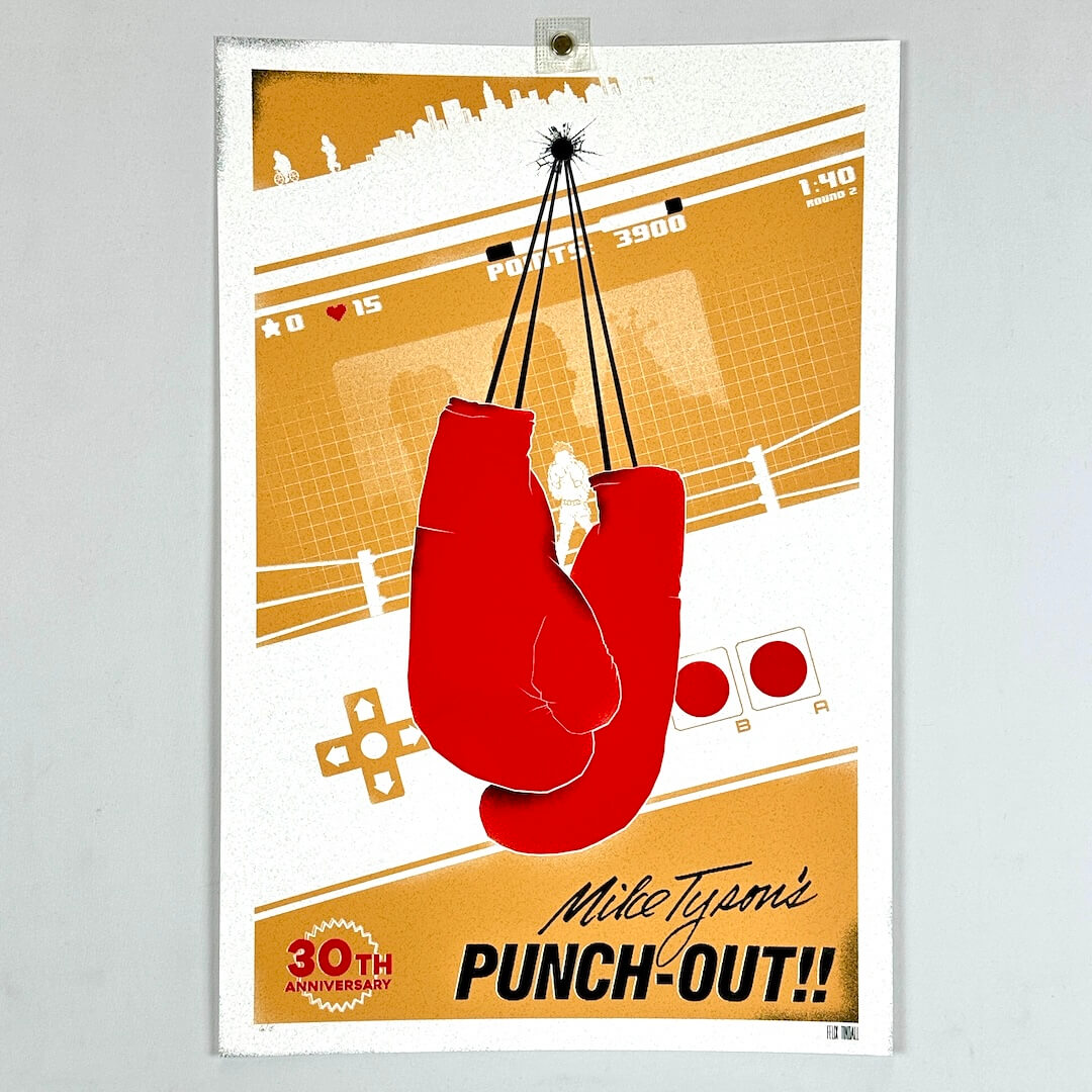 Poster featuring two red hanging boxing gloves over an orange and white ring scene, with the text 'Mike Tyson's Punch-Out!!'