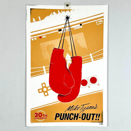 Poster featuring two red hanging boxing gloves over an orange and white ring scene, with the text 'Mike Tyson's Punch-Out!!'