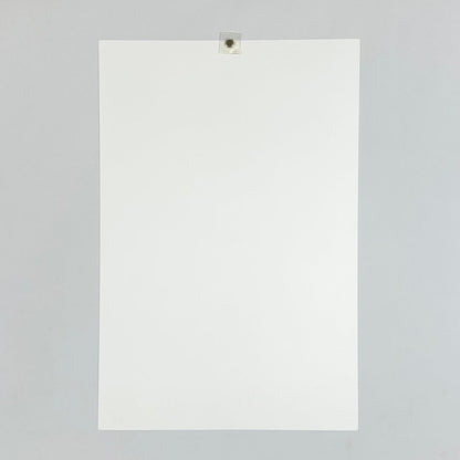 Reverse side of print. A plain white sheet displayed on a plain white background, held up by a magnet. 
