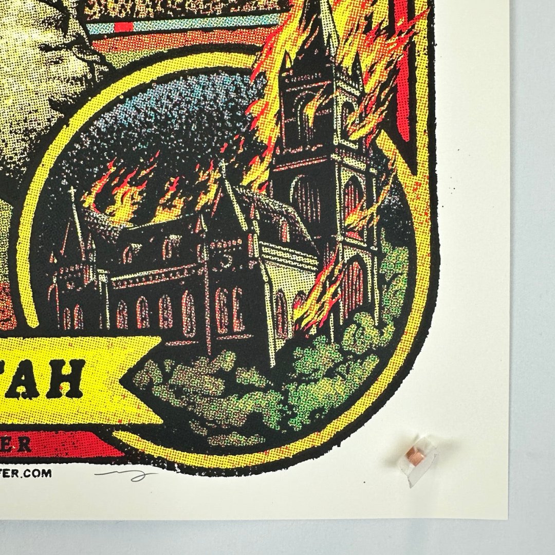 Right corner has image of temple or church on fire in yellow circle attached to the border. 