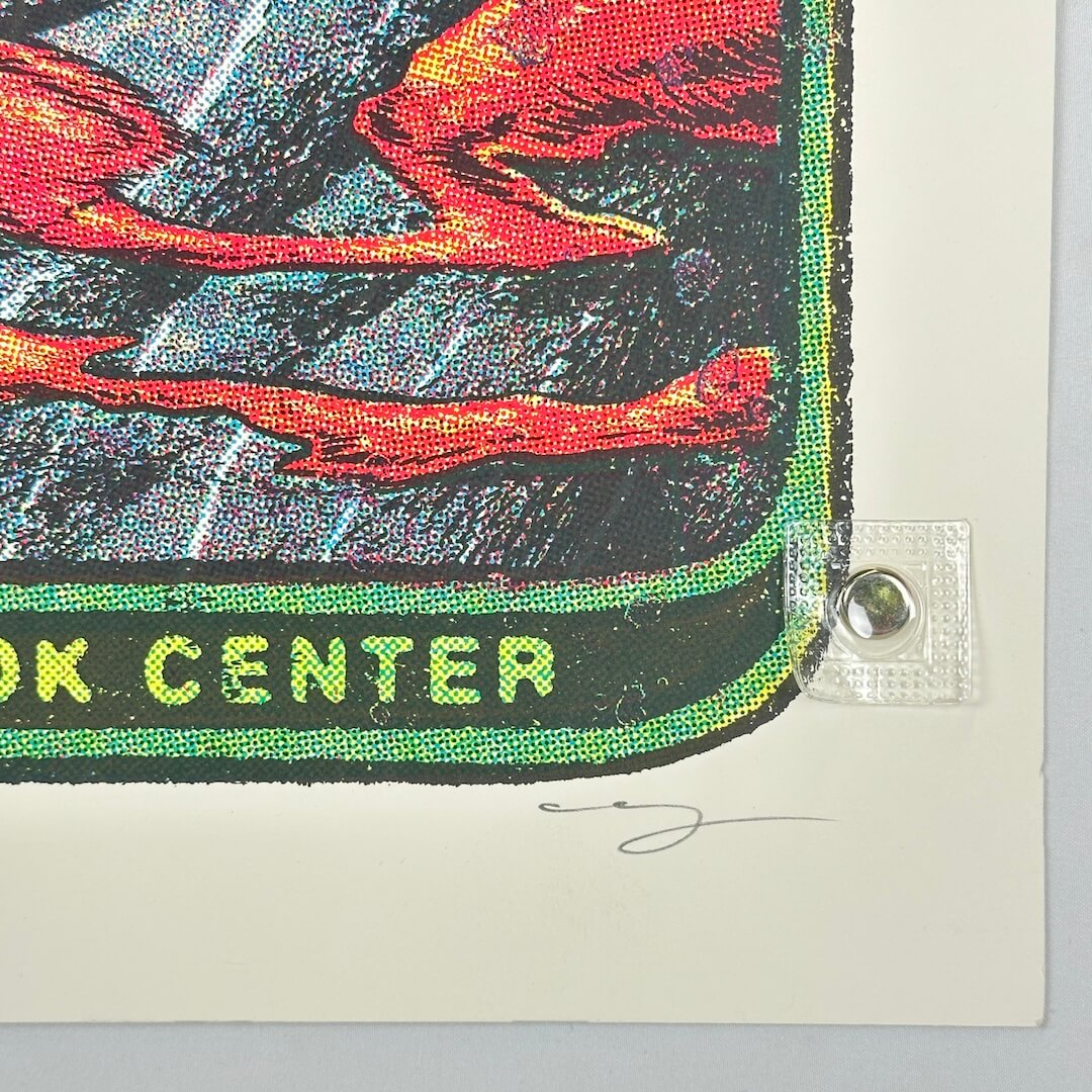 Bottom right corner of poster showing no damage to face, corner or edges. Artist signature in pencil at corner of design.