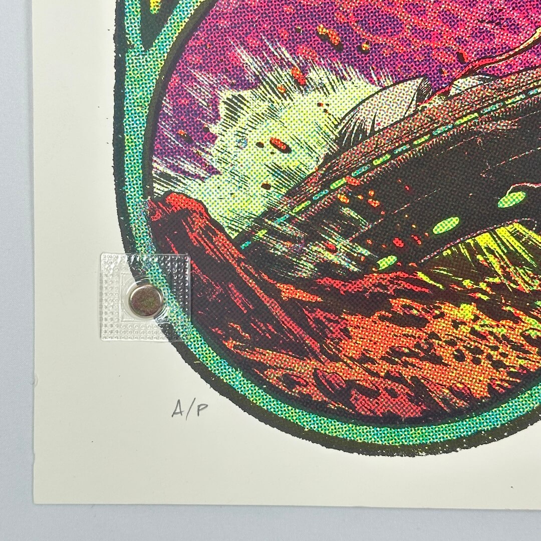 Bottom left corner of poster showing no damage to face, corner or edges. Penciled "A/P" at corner of design.