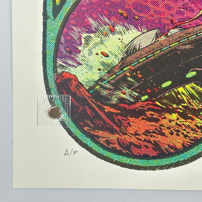 Bottom left corner of poster showing no damage to face, corner or edges. Penciled "A/P" at corner of design.