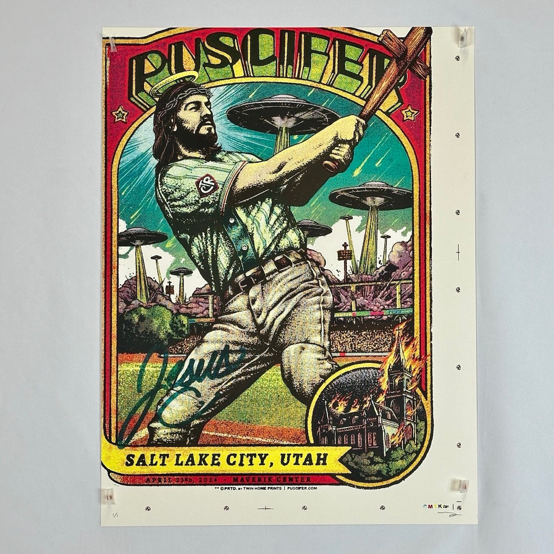 Poster designed like baseball card with Jesus swinging a cross-shaped bat, UFO's attacking in the background, & a burning church