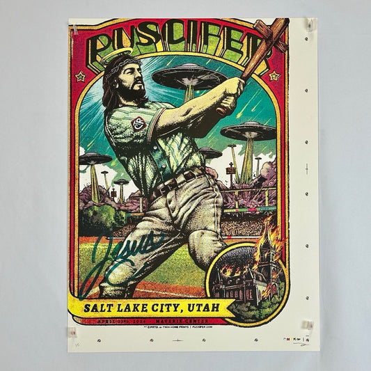 Poster designed like baseball card with Jesus swinging a cross-shaped bat, UFO's attacking in the background, & a burning church