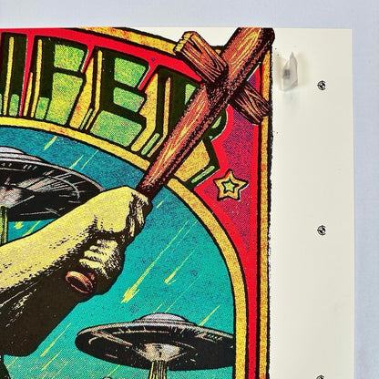 Top banner reads PUSCIFER in capital letters with Jesus' cross-shaped bat overlapping the top right corner