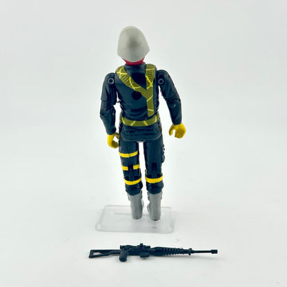 Action figure in a blue and yellow suit with a rifle on a white background