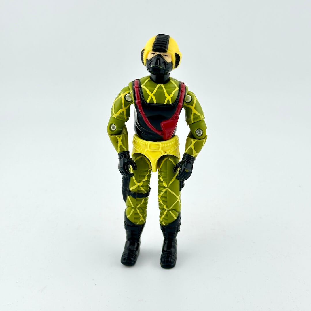 Action figure in a yellow and black suit with a helmet on a white background