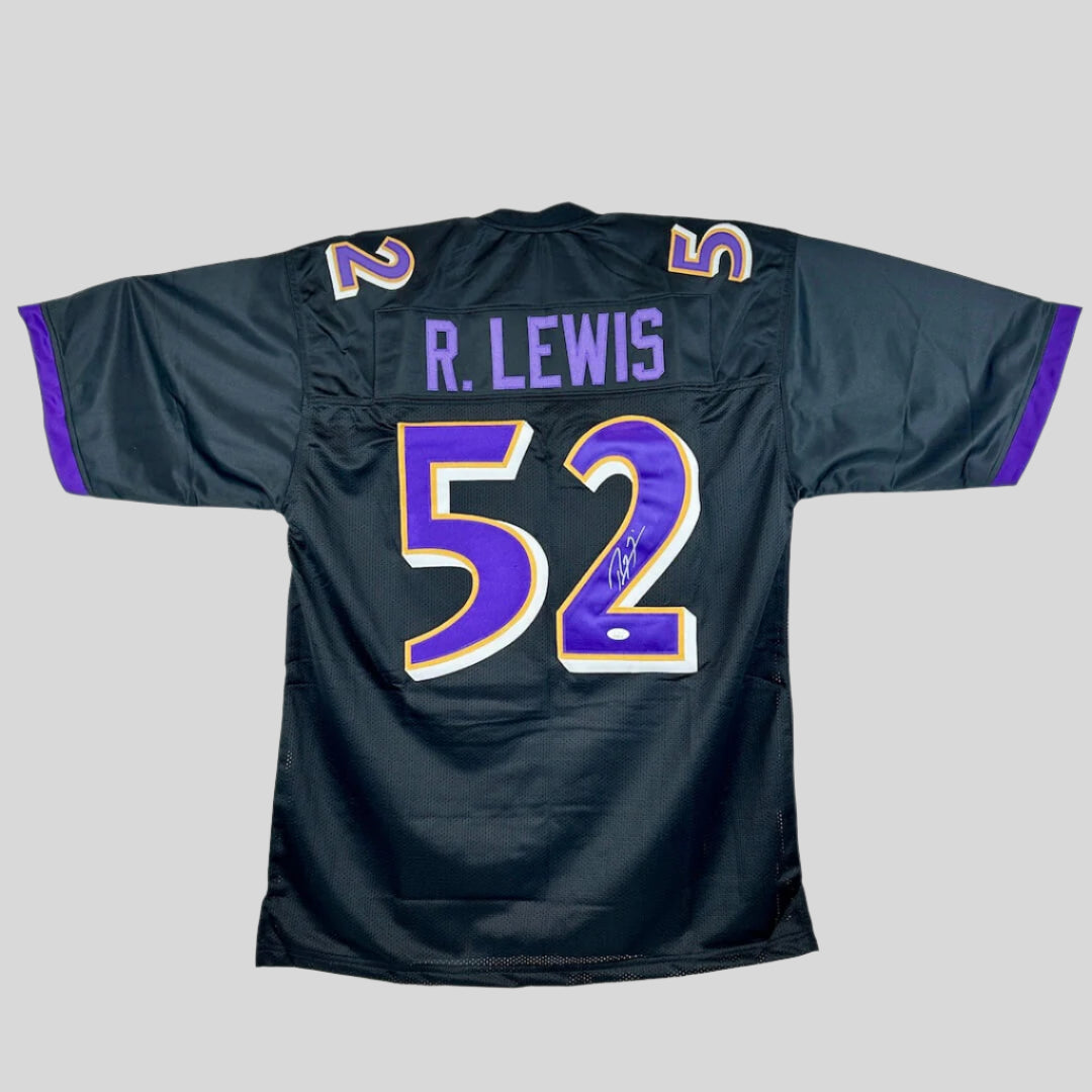Black sports jersey with purple and gold details, featuring the name 'R. Lewis' and number '52', on a gray background.