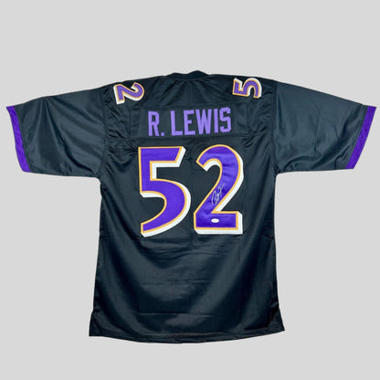 Black sports jersey with purple and gold details, featuring the name 'R. Lewis' and number '52', on a gray background.