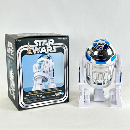 Star Wars R2-D2 collectible figure standing next to its original box packaging on a light gray background.