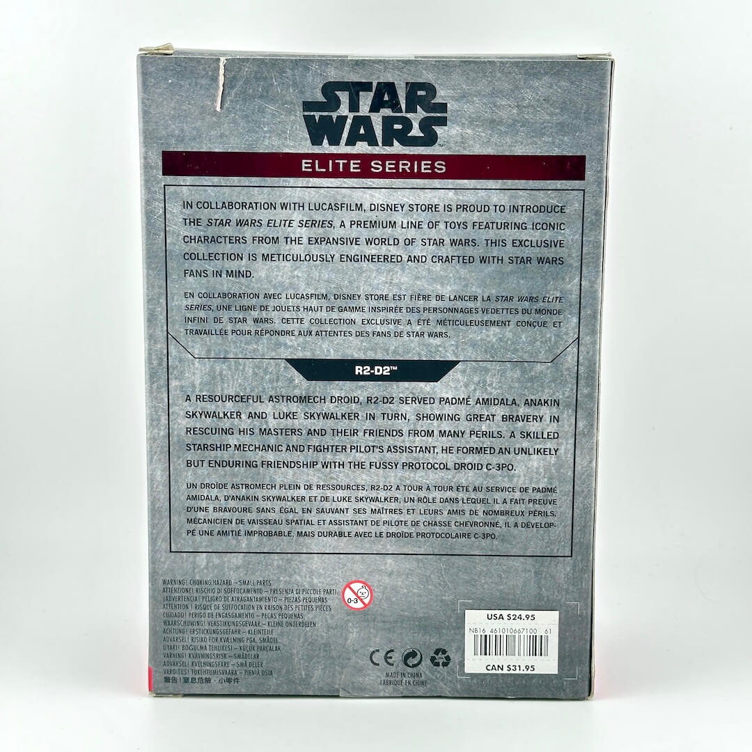 The back of a Star Wars Elite Series R2-D2 collectible figure box, showing product details, & shipping information.