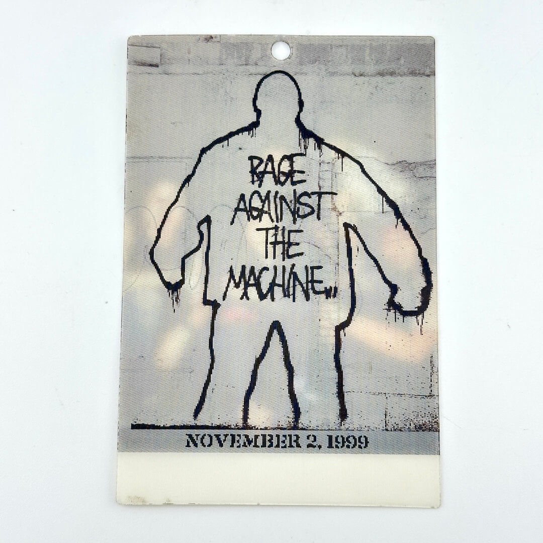 Stylized silhouette with 'Rage Against The Machine' text on a textured background