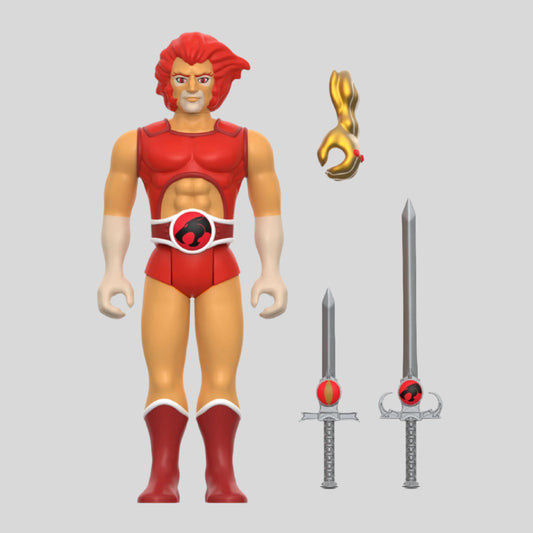 Close up of action figure out of package to show detail and the three accessories it comes with, two swords & a gauntlet. 