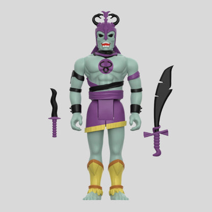 Action figure of green skinned male with black eyes, purple headdress & tunic, two black/purple weapons.