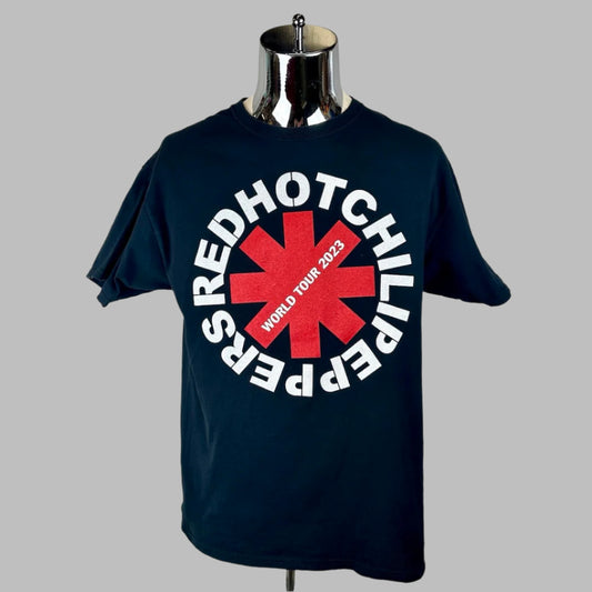 Black short sleeve t-shirt with RHCP asterisk logo in center with band name encircling it. 