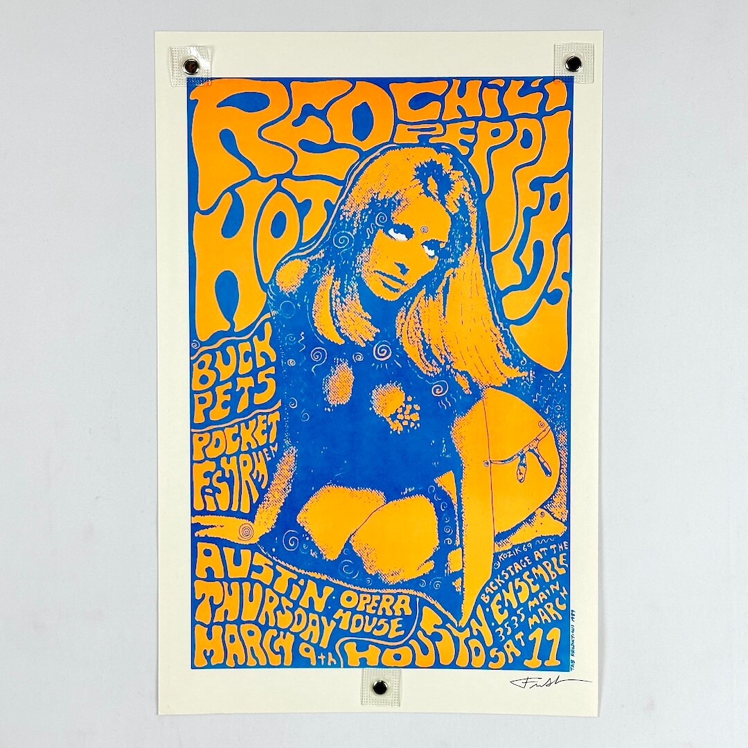 Vintage concert poster for Red Hot Chili Peppers with a stylized illustration of a woman on a white background.