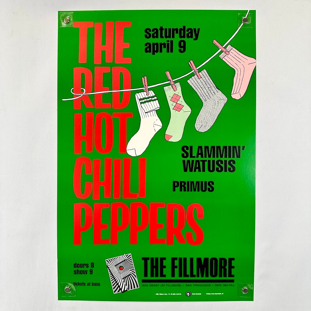 Green concert poster for The Red Hot Chili Peppers at The Fillmore with socks on a line.