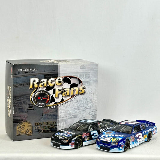 Two model race cars in front of their packaging with 'Race Fans' branding.